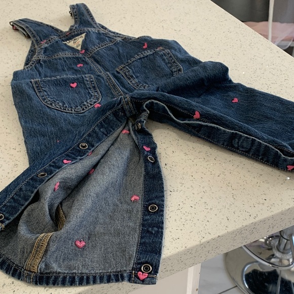 OshKosh B'gosh Dark Blue Denim Overalls with Pink Heart Details - Picture 5 of 9